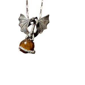 Sterling Silver 925 Dragon Pendant Necklace With Tiger Eye Gemstone